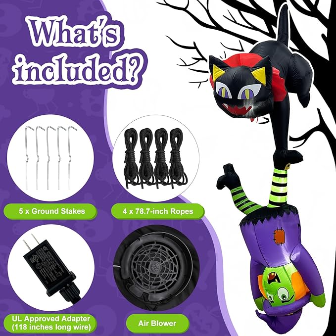 OurWarm 8FT Halloween Inflatables Outdoor Decorations, Cat and Witch Halloween Blow Up Yard Decorations with LED Lights, Inflatable Halloween Decorations for Outdoor Indoor Party Roof Lawn Yard Decor