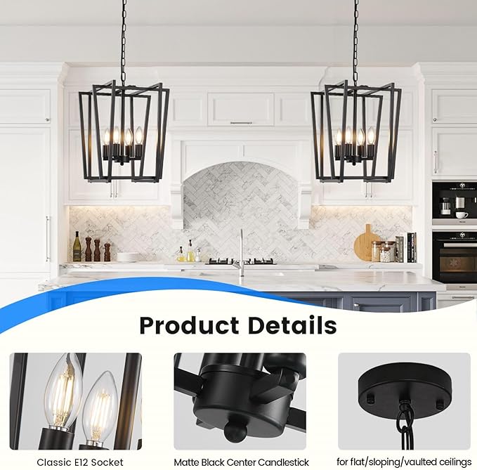 4-Light Black Chandelier, Farmhouse Lantern Pendant Light Lighting Fixtures, Industrial Ceiling Light, Adjustable Height Rustic Geometric Hanging Chandelier for Kitchen Island,Entryway,Foyer,E12 Base