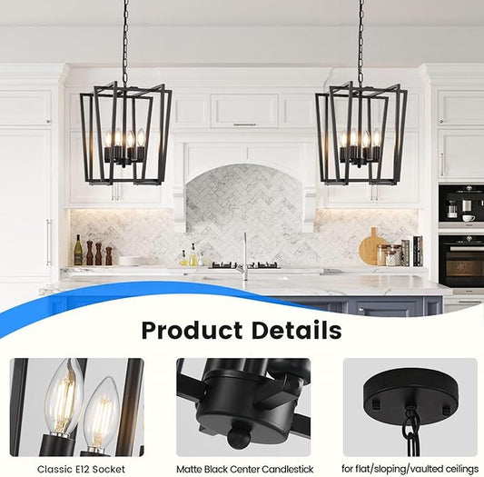 4-Light Black Chandelier, Farmhouse Lantern Pendant Light Lighting Fixtures, Industrial Ceiling Light, Adjustable Height Rustic Geometric Hanging Chandelier for Kitchen Island,Entryway,Foyer,E12 Base