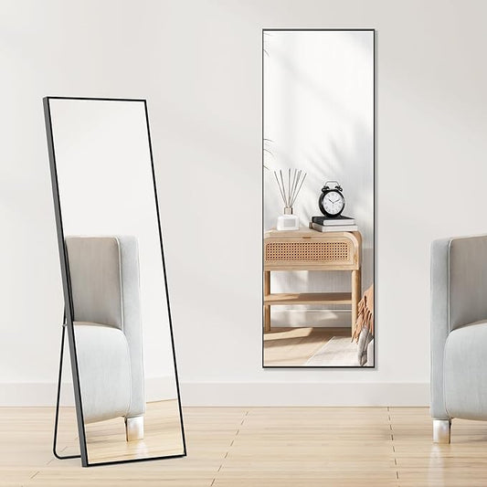 Sweetcrispy 59"x16" Full Length Mirror, Standing or Leaning Full Body Mirror with Aluminum Alloy Thin Frame, Suitable for Bedroom or Cloakroom,Black