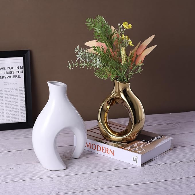 Ceramic Decorative Vases 2 Piece Set, Bohemian Style Openwork White and Gold Decorative Vases, Home Decor Aesthetics for Kitchen Cabinets, Office, Bedroom, Dresser, Entryway Table Decor.