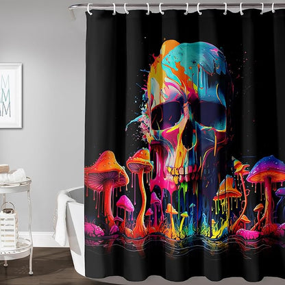 AILONEN Mushroom Skull Shower Curtain for Bathroom, 3D Oil Painting Mushroom Skull Bath Curtain for Kids Boys Girls,Modern Abstract Print Waterproof Black Curtain with 12 Plastic Hooks, 48" W*72" H