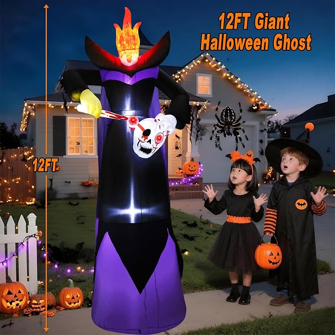 12FT Halloween Inflatables Giant Headless Reaper Ghost Outdoor Decorations with Flame Light Scary Flashing LED Lights Halloween Blow Up Yard Decorations for Party Garden Lawn Decor