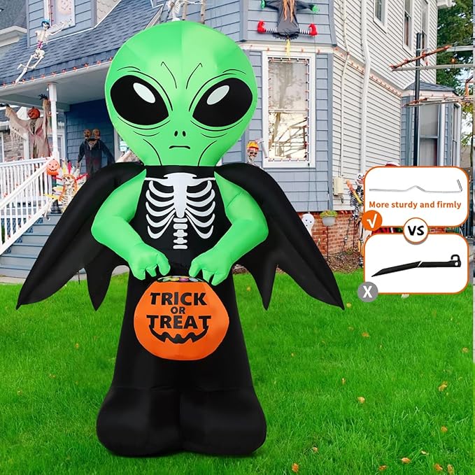 COMIN 6 FT Halloween Inflatables Alien Carrying Candy Basket Outdoor Decorations Blow Up Yard with Built-in LEDs for Indoor Party Garden Lawn Decor