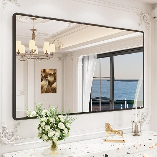 New Upgrade 60X36 Inch Wall Mounted Bathroom Mirror, Black Metal Frame Rounded Rectangle Mirror, Bathroom Vanity Mirror with Tempered Glass for Washroom Bedroom Living Room
