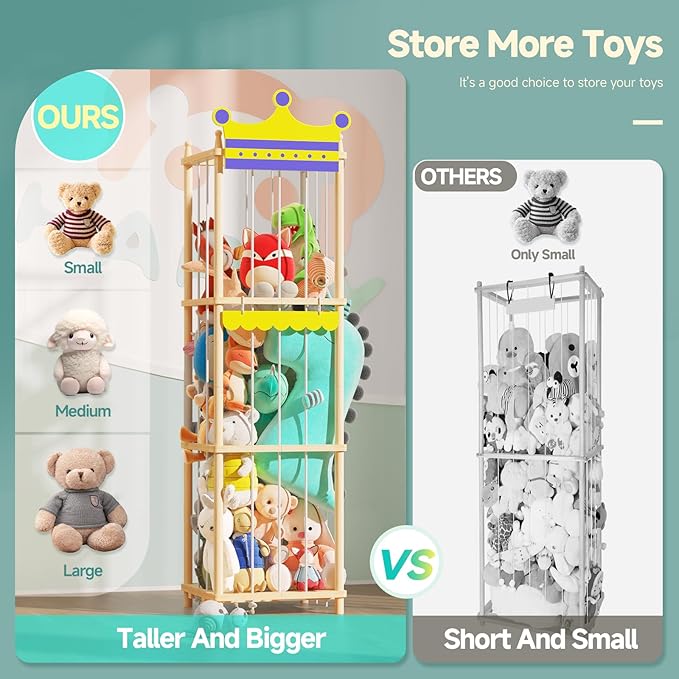 Stuffed Animal Storage Stuffed Animal Zoo, 60" Wood Large Animal Storage Toy Holder with High Elastic Rope, Zoo Organizer Cage for Nursery,Playroom,Bedroom