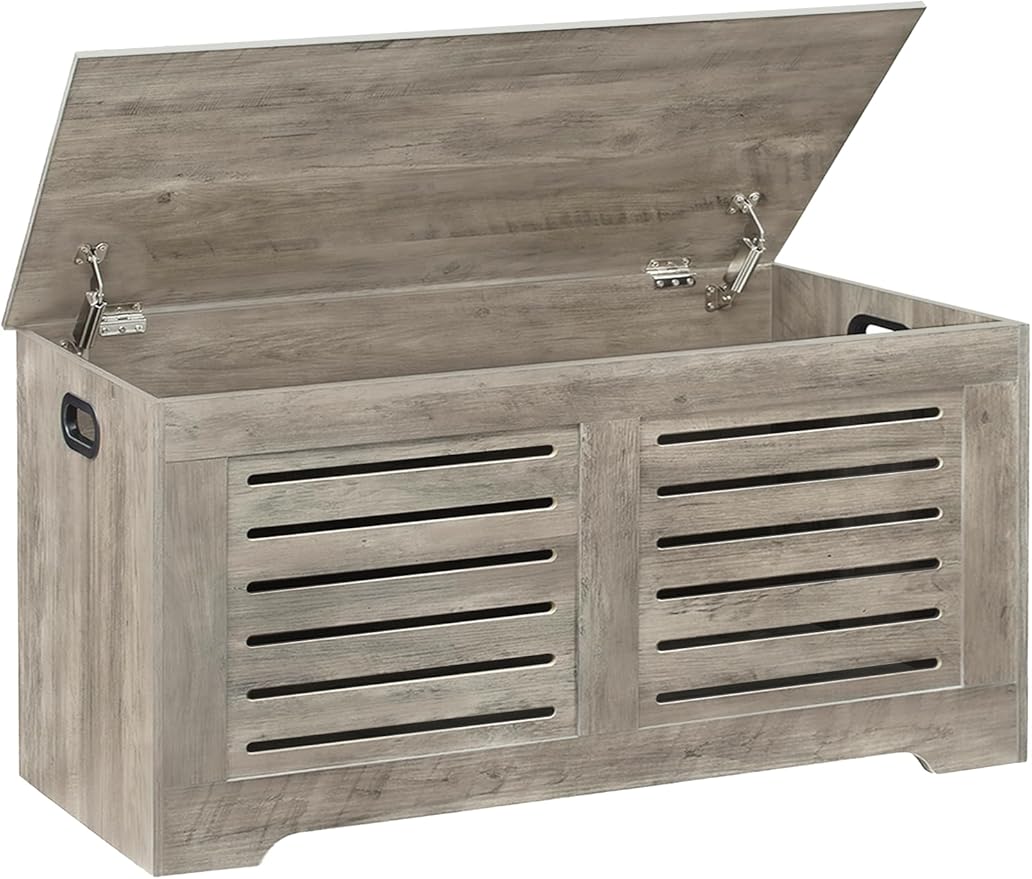 DINZI LVJ Storage Chest, 43.3” Wooden Toy Box with 2 Safety Hinges, Retro Entryway Shoe Storage Bench with Flip-Top, Sturdy Large Storage Trunk for Living Room, Bedroom, Easy Assembly, Gray Wash
