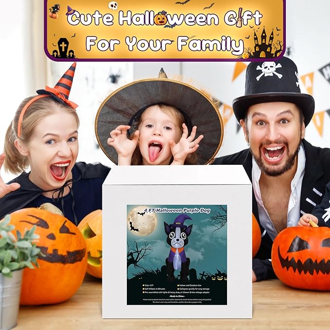 4FT Halloween Inflatable Decor Dog Purple Hat Halloween Blow Up Decoration with LED Lights Indoor Outdoor Yard Graden Party Holiday Decor