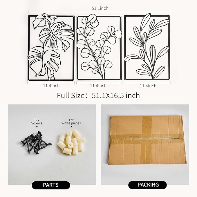 FUNTEREST 3 Pieces Black Metal Wall Art Decor Modern Minimalist Floral Single Line Living Room Wall Decor Abstract Wall Hanging Decor for Kitchen Office Bedroom Bathroom (Floral C)