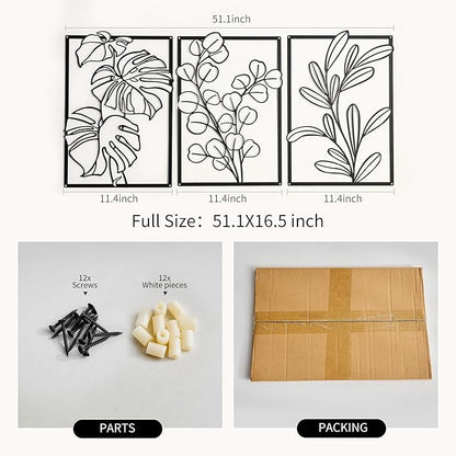 FUNTEREST 3 Pieces Black Metal Wall Art Decor Modern Minimalist Floral Single Line Living Room Wall Decor Abstract Wall Hanging Decor for Kitchen Office Bedroom Bathroom (Floral C)