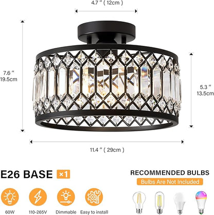 Crystal Ceiling Light Fixture, Modern Semi Flush Mount Ceiling Light, Black Lighting Fixtures Lamp for Hallway, Kitchen, Entryway, Bedroom, Laundry Room, 1-Light, 11.4 Inch