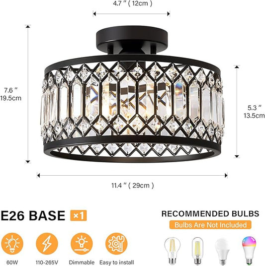 Crystal Ceiling Light Fixture, Modern Semi Flush Mount Ceiling Light, Black Lighting Fixtures Lamp for Hallway, Kitchen, Entryway, Bedroom, Laundry Room, 1-Light, 11.4 Inch