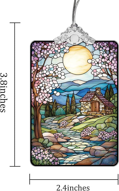 Cottage Landscape Stained Glass Ornament, 2025 Christmas Tree Hanging Decoration for Gift Exchange or Stocking Stuffer, Holiday Decor, 3.8 x 2.4 Inch