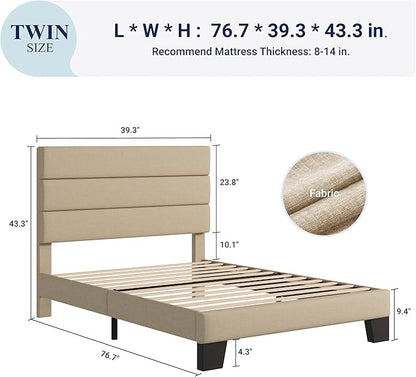 Allewie Twin Size Platform Bed Frame with Fabric Upholstered Headboard and Wooden Slats Support, Fully Upholstered Mattress Foundation/No Box Spring Needed/Easy Assembly,Beige