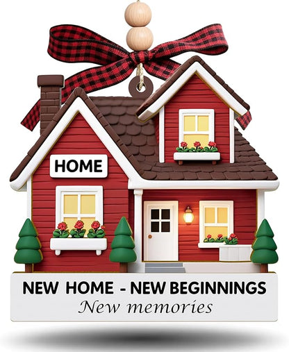 New Home Ornament - Red Wooden Housewarming Gift for Homeowners, Couples & Friends - New Home New Beginning First Christmas House Ornament