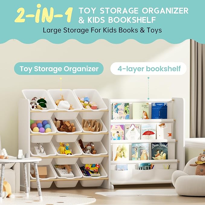 Kids Toy Storage Organizer - Toy Storage with Kids Bookshelf, Toy Organizer with 12 White Bins and 4 Book Shelves, Toy Organizers and Storage for Playroom, Nursery, Kids Room, White