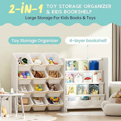 Kids Toy Storage Organizer - Toy Storage with Kids Bookshelf, Toy Organizer with 12 White Bins and 4 Book Shelves, Toy Organizers and Storage for Playroom, Nursery, Kids Room, White