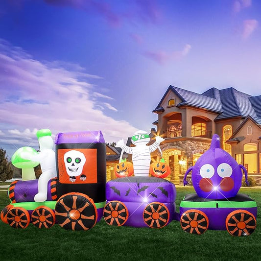 11FT Halloween Inflatables Ghost Train with Mushroom Onion Heads and Mummies Skulls, Built-in LEDs for Halloween Blow Up Indoor Outdoor Decor, Fun Holiday/Party/Yard/Garden Fantasy Display