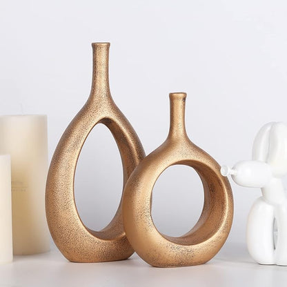 Vintage Gold Ceramic Vase Set 2,Modern Hollow Circle with Hole Flower Vase for Home Decor,for Table Centerpieces,Farmhouse,Fire Place,Living Room,Bedroom,Office,Bookshelf,Rustic Decor