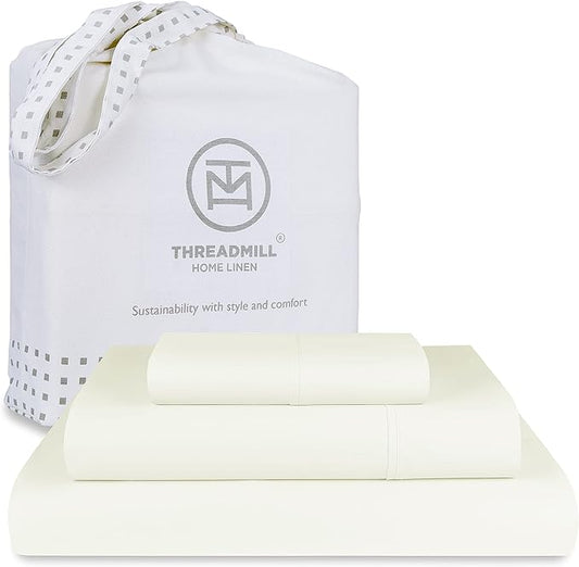 Threadmill Luxury 800 Thread Count 100% Cotton Sheets - Sateen Weave Twin XL Bed-Sheets, Better Than Egyptian Cotton,3 Pc Solid Soft Bedding Set (Ivory), Fits 15" Deep Pocket