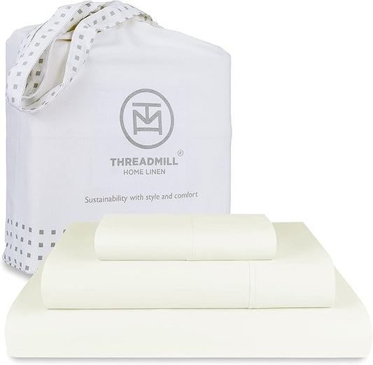 Threadmill Luxury 800 Thread Count Twin 100% Cotton Sheets - Ivory Sateen Weave Bed-Sheets, Better Than Egyptian Cotton,3 Pc Solid Soft Bedding Set, Fits 15" Deep Pocket