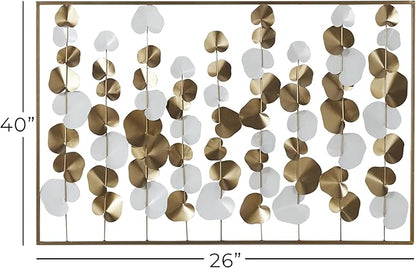 Deco 79 Metal Floral Home Wall Decor Long Stem Wall Sculpture with White Accents, Wall Art 40" x 2" x 26", Gold