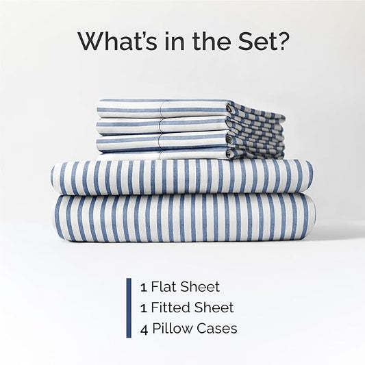 CGK Linens Full 6 Piece Sheet Set - Cooling Sheets for Hot Sleepers - Hotel Luxury Bedding Set with 8-16 Inch Deep Pockets - 1 Flat & 1 Fitted & 4 Pillowcases - Soft and Wrinkle Free - Blue Stripes