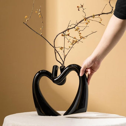 Black Hollow Ceramic Vases for Home Decor, Love Heart Snuggle Vase Set of 2, Modern Nordic Aesthetic Decorative Vase for Table Centerpiece Living Room Decoration (W 11.8" X H 9.8")