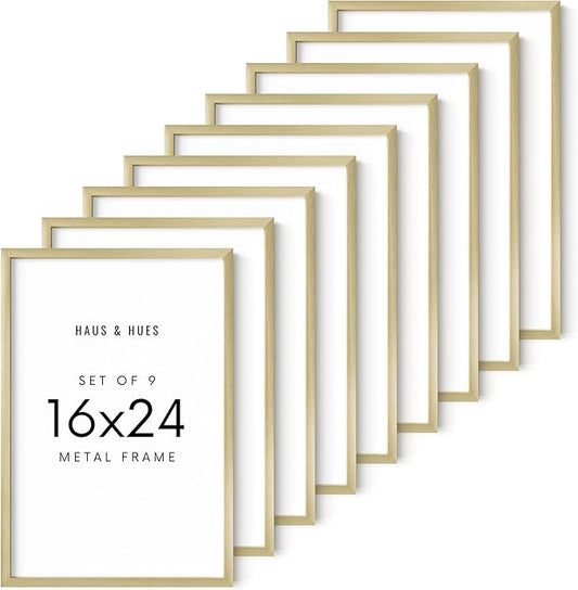 HAUS AND HUES 16x24 Gold Metal Picture Frames - Features Premium Aluminum, Vertical & Horizontal Hang, Shatterproof Plexiglass - Perfect for Home, Room, Office (16x24 in, Gold, Set of 9)