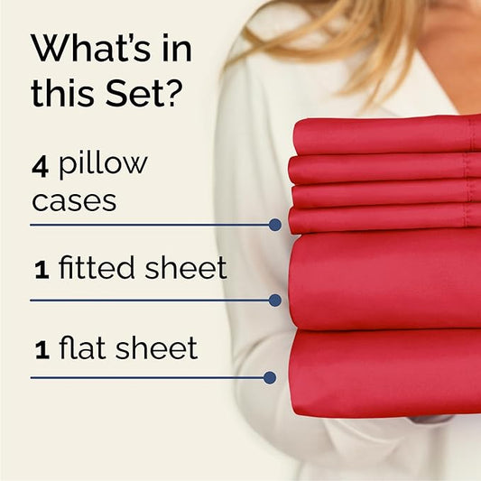 CGK Linens Cal King 6 Piece Sheet Set - Cooling Sheets for Hot Sleepers - Hotel Luxury Bedding Set w/ 8-16 Inch Deep Pockets - 1 Flat & 1 Fitted & 4 Pillowcases - Soft, Easy Care & Wrinkle Free - Red