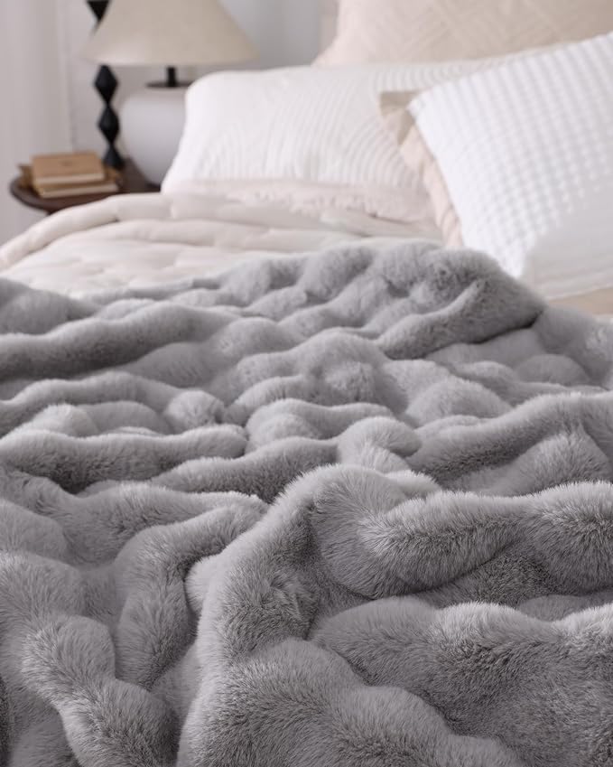 Ultra Soft Cozy Faux Fur Throw Blanket, Fuzzy Plush Thick Bubble Blanket, Oversize Luxury Fluffy Blanket for Couch, Bed, and Living Room, 50x60 Inches, Light Grey