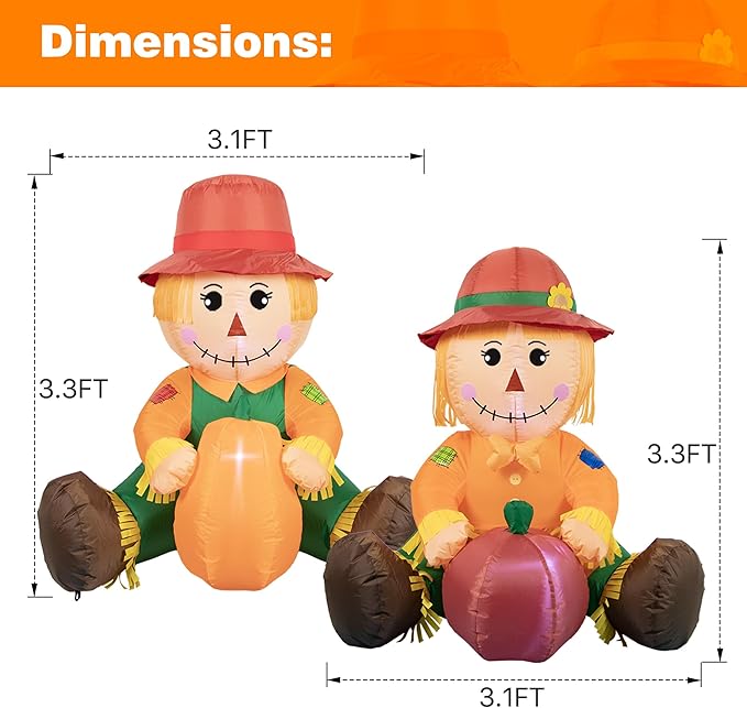 3.3FT Fall Day Outdoor Inflatable Decoration, Set of 2 Adorable Air-Blown Boy Girl Scarecrow with Pumpkin Yard Decor, Lighted Thanksgiving Harvest Decorations for Front Door Garden Lawn