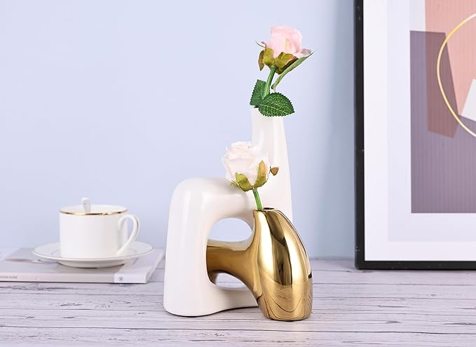 intertwining vase Set Snuggle Hollow Ceramic vase Set of 2 White and Gold vase Modern Boho Home Decor for Neutral Minimalist Vase for Dining Room Table Centerpiece Dining Room,Wedding Table Deco