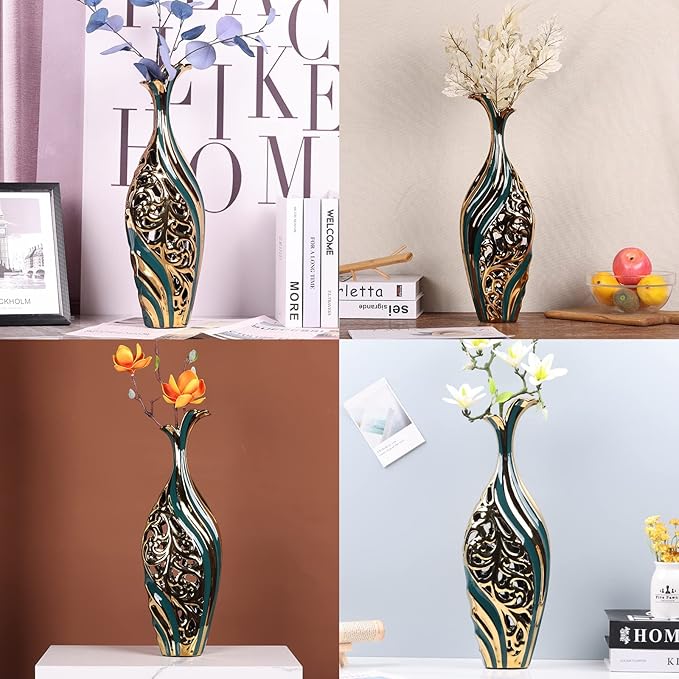 19 inch Tall Floor vase, Green and Gold Ceramic vase, Pottery Decorative vase, Unique Pampas Grass vase Suitable for Living Room Floor, Home Office, Porch Home Centerpiece Decorative Large vase
