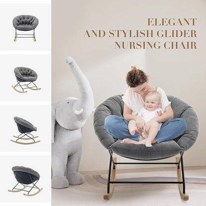 COLAMY Rocking Chair Nursery, Upholstered Glider Rocker Accent Chair Saucer Armchair with Comfy Cushions, Wood Base and Metal Legs for Living Room, Bedroom, Office, Grey