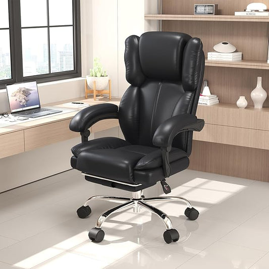 Big and Tall Office Chair, Ergonomic Leather High Back Executive Computer Chair with Retractable Footrest, Adjustable Headrest, Padded Arms, 360°Swivel Free, 90-135°Reclining, 500lbs Wide Seat, Black