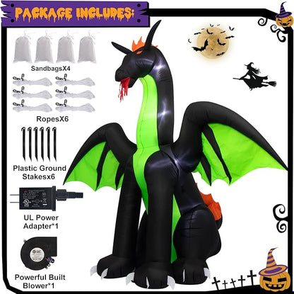 Halloween Inflatables 9FT Giant Inflatable Dragon Halloween Decorations with Wings, Built-in LEDs Halloween Blow Up Yard Decorations for Outdoor Indoor Party Garden Lawn Decor