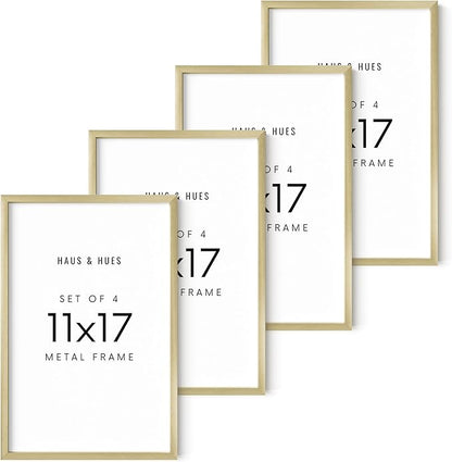 HAUS AND HUES 11x17 Gold Metal Picture Frames - Features Premium Aluminum, Vertical & Horizontal Hang, Shatterproof Plexiglass - Perfect for Home, Room, Office (11x17 in, Gold, Set of 4)
