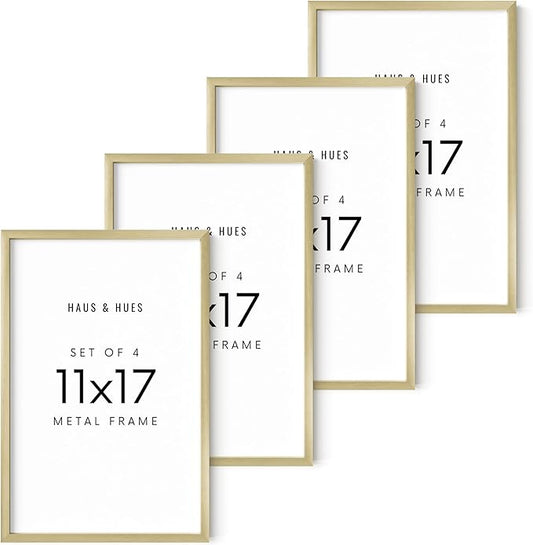 HAUS AND HUES 11x17 Gold Metal Picture Frames - Features Premium Aluminum, Vertical & Horizontal Hang, Shatterproof Plexiglass - Perfect for Home, Room, Office (11x17 in, Gold, Set of 4)