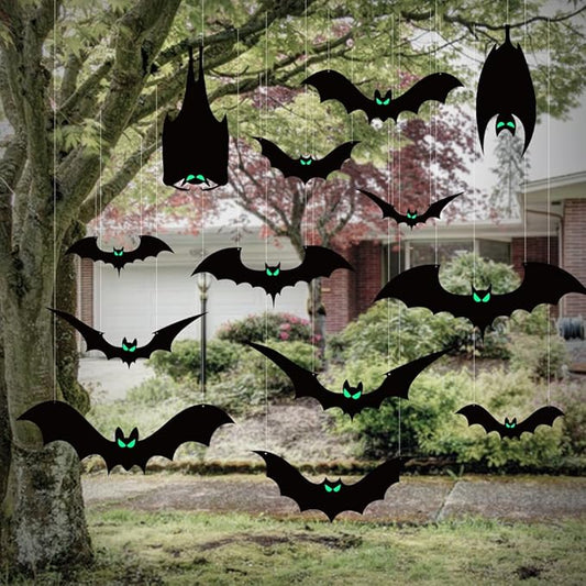 13 PCS Hanging Bats Halloween Decoration Outdoor Black Plastic Bats with Glowing Eyes Different Size Flying Bats Halloween Decor Hanging in The Tree, Porch, Yard, Lawn, Indoor