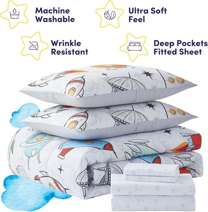 Kids Bedding Set Bed in a Bag for Boys and Girls Toddlers Printed Sheet Set and Comforter , Twin, Floating in Space