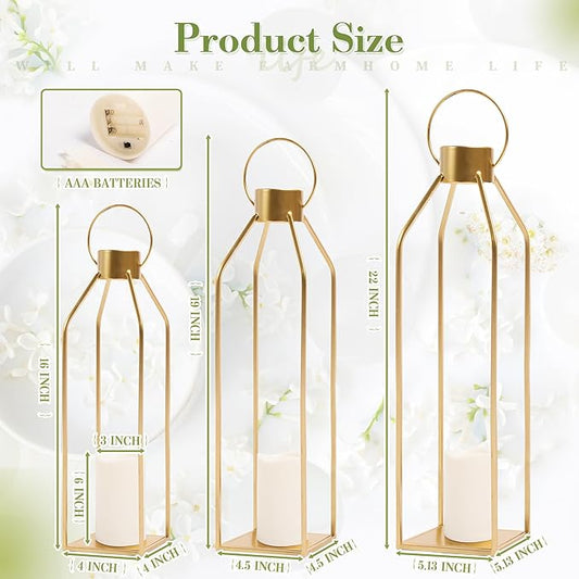 HPC DECOR Modern Farmhouse Lantern Decor- 22''19''16''Tall Large Gold Metal Candle Lanterns for Home Decor-Lanterns Decorative w/Timer Flickering Candles for Living Room,Outdoor,Fireplace Mantle Decor