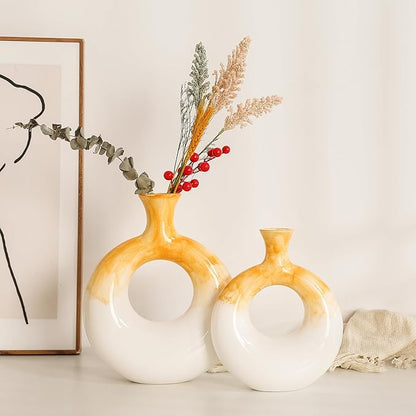 Ceramic Donut Vase Set of 2,Yellow and White Vases for Home Decor,Circle Decorative Vase for Centerpieces,Boho Pampas Vase for Office Wedding Dinner Table Living Room,Modern Flower Vase