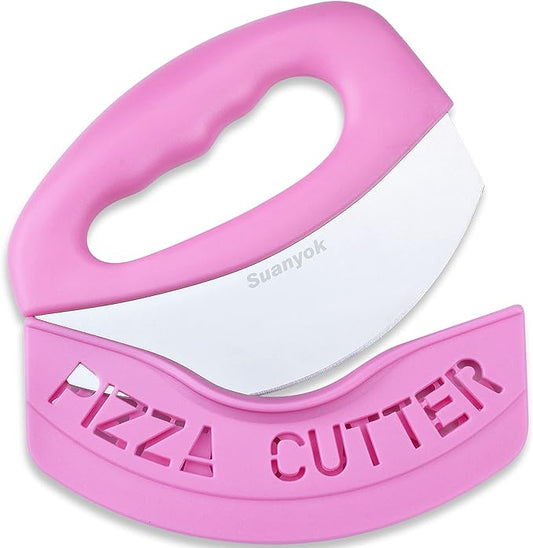 Premium Pizza Cutter Food Chopper-Super Sharp Blade Stainless Steel Pizza Cutter Rocker Slicer with Protective Sheath Multi Function Pizza Knife Kitchen Tools,Dishwasher Safe (Pink)