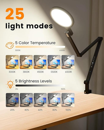 1200LM Desk Lamp with Clamp, Eye Care Desk Lights for Home Office with USB Charging Ports, Flexible Ring Light with Swing Arm for Video Conference Zoom Streaming