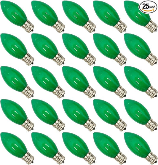 25 Pack C9 LED Green Christmas Light Bulbs, Shatterproof C9 Replacement Bulbs for Outdoor Christmas String Lights, 0.6W LED Night Lights Bulb, E17 Intermediate Base, 2700K Warm White- Green