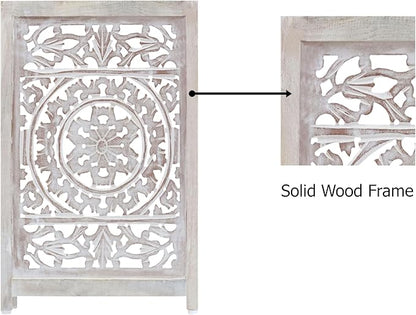 Wooden Foldable Pet Dog Safety Gate - 4 Panel 20" W x 24" H - Hand Carved Suzani Free Standing Portable Indoor Puppy Gate - Doorway Hall Stairs Dog Fence - Assembled - White Wash - IRONGATE