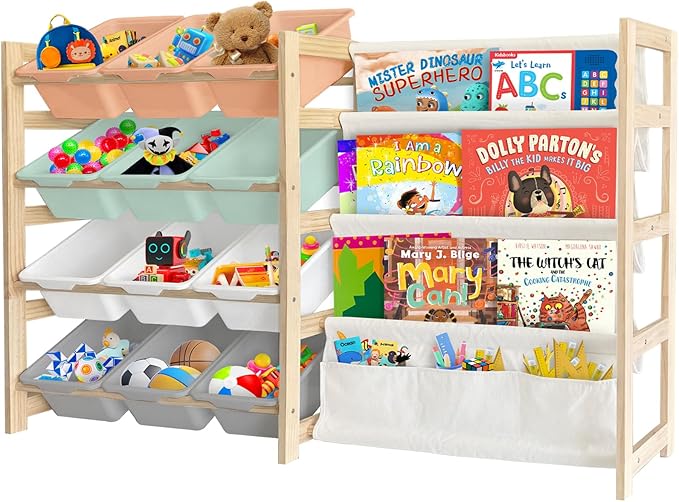 Toy Storage Organizer with Bookshelf - 12 Storage Bins 4-Tier Multipurpose Shelf to Organize Toys and Books for Kids Room, Playroom, Nursery Room, Multi-Color