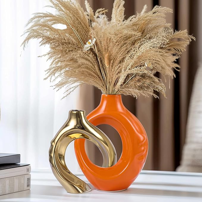 Orange Gold Ceramic Vase Set of 2 for Modern Home Decor,Round Boho Vase for Pampas Grass,Neutral Minimalist Vase for Dining Room Table Centerpiece Dining Room,Wedding Table Decoration