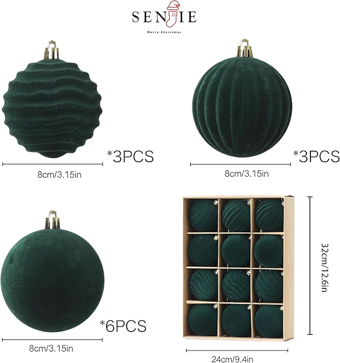 Senjie 3.15 inch Christmas Tree Ornaments Velvet Balls,12PCS Flocked Decoration Balls Ornaments Sets for Christmas 2025 Green